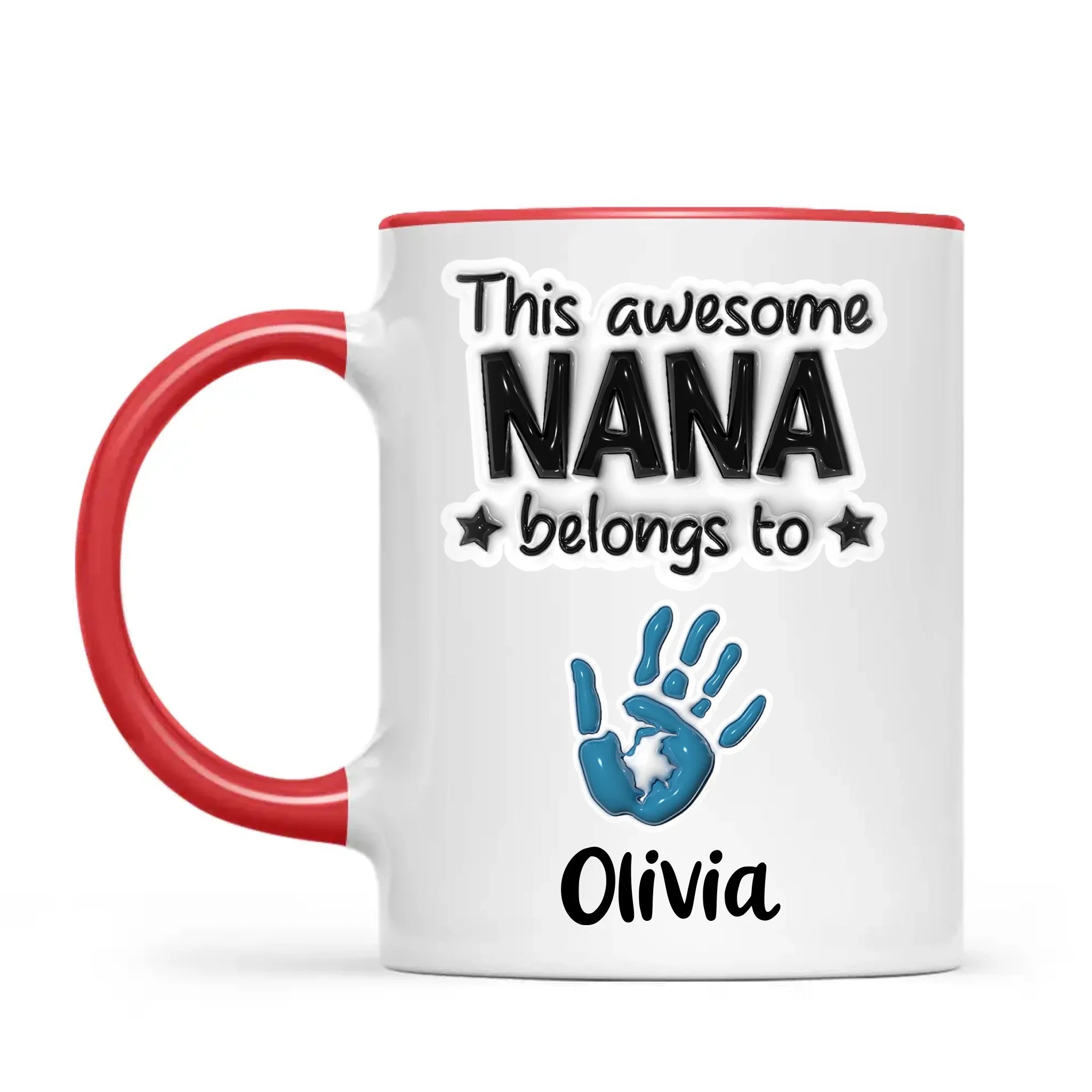 Personalised “This Awesome Nana Belongs To” Mug – 3D-Effect Handprints with Grandkids’ Names – Custom Mother’s Day Gift for Nana, Gran or Grandma