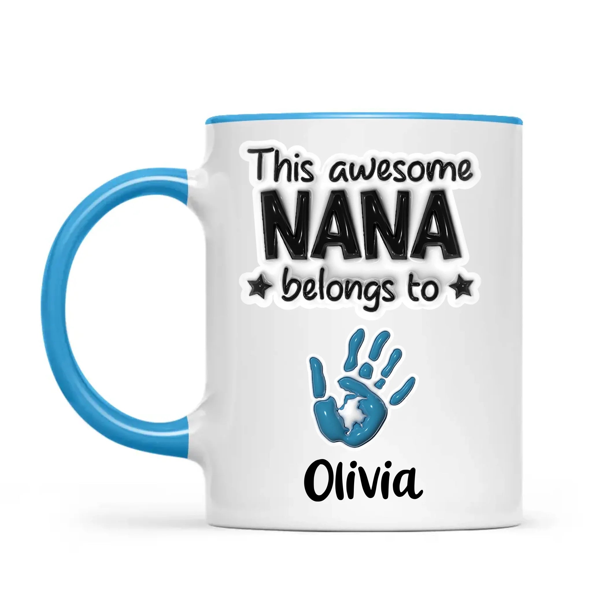 Personalised “This Awesome Nana Belongs To” Mug – 3D-Effect Handprints with Grandkids’ Names – Custom Mother’s Day Gift for Nana, Gran or Grandma