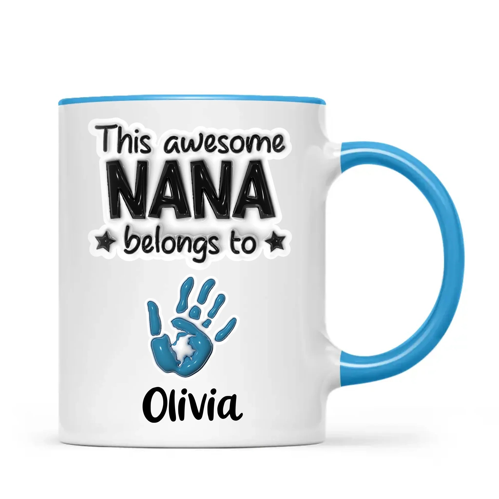 Personalised “This Awesome Nana Belongs To” Mug – 3D-Effect Handprints with Grandkids’ Names – Custom Mother’s Day Gift for Nana, Gran or Grandma