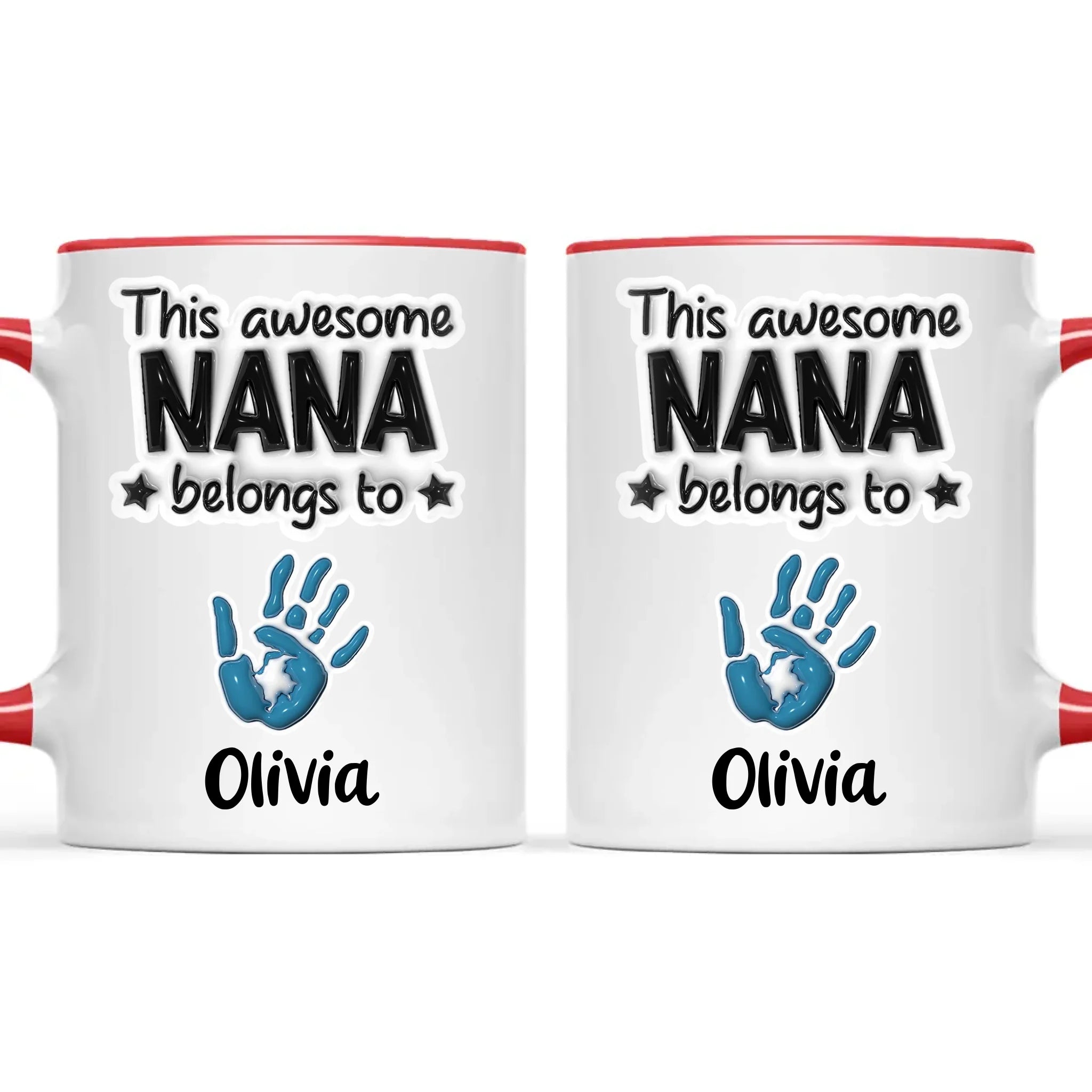 Personalised “This Awesome Nana Belongs To” Mug – 3D-Effect Handprints with Grandkids’ Names – Custom Mother’s Day Gift for Nana, Gran or Grandma