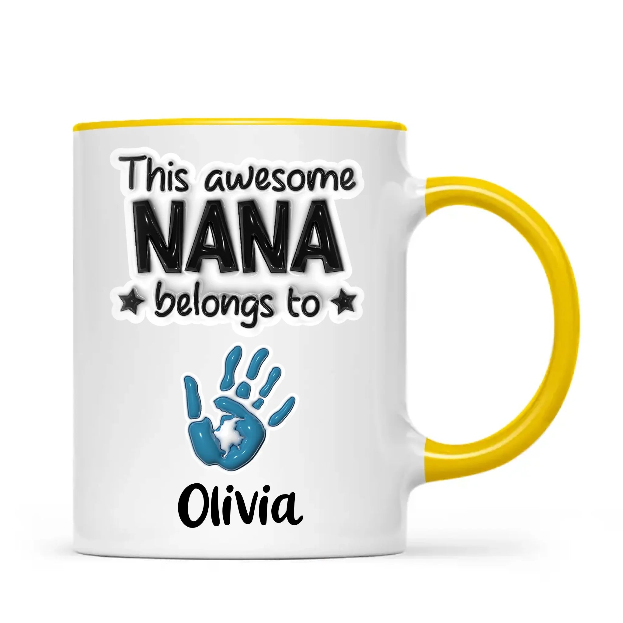 Personalised “This Awesome Nana Belongs To” Mug – 3D-Effect Handprints with Grandkids’ Names – Custom Mother’s Day Gift for Nana, Gran or Grandma