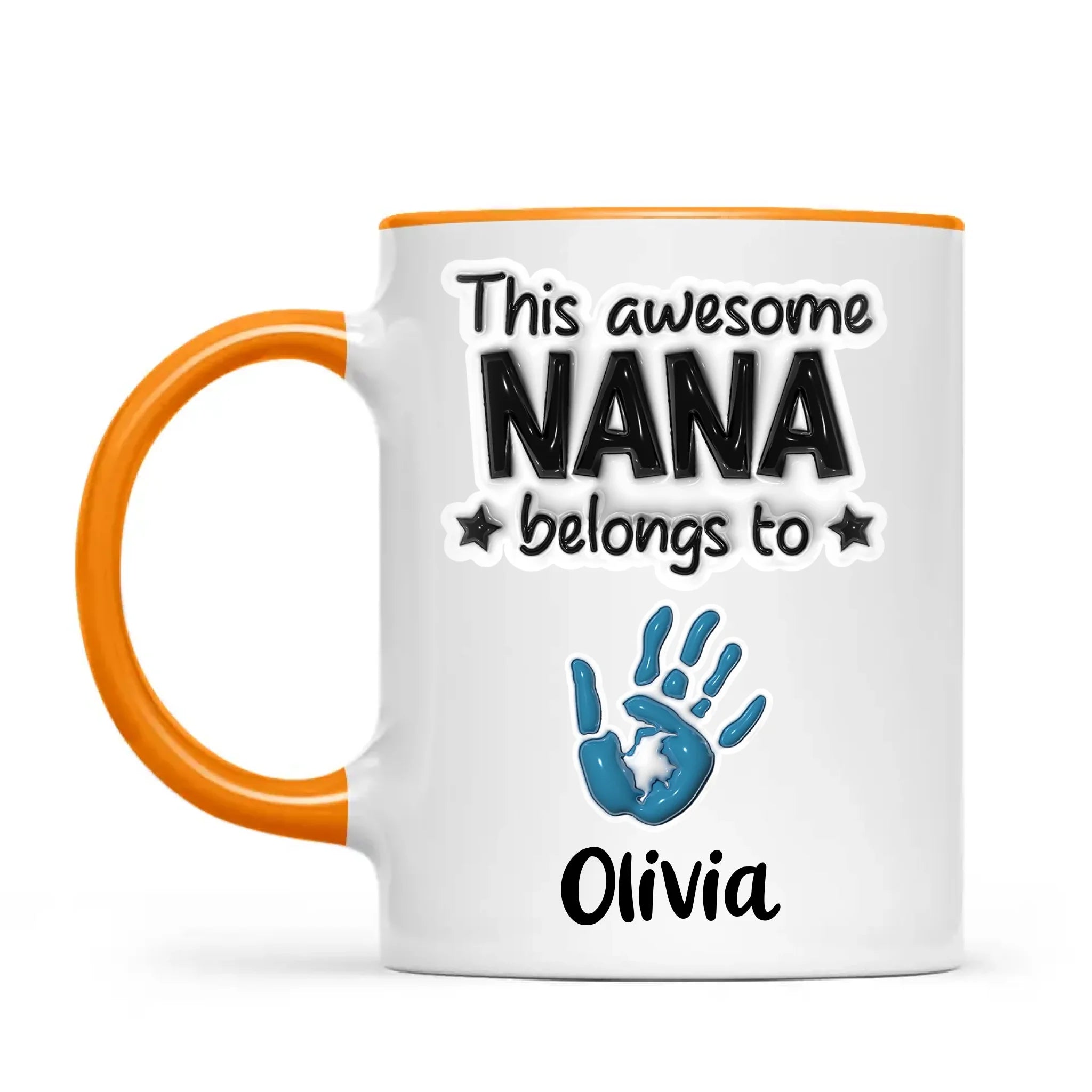 Personalised “This Awesome Nana Belongs To” Mug – 3D-Effect Handprints with Grandkids’ Names – Custom Mother’s Day Gift for Nana, Gran or Grandma