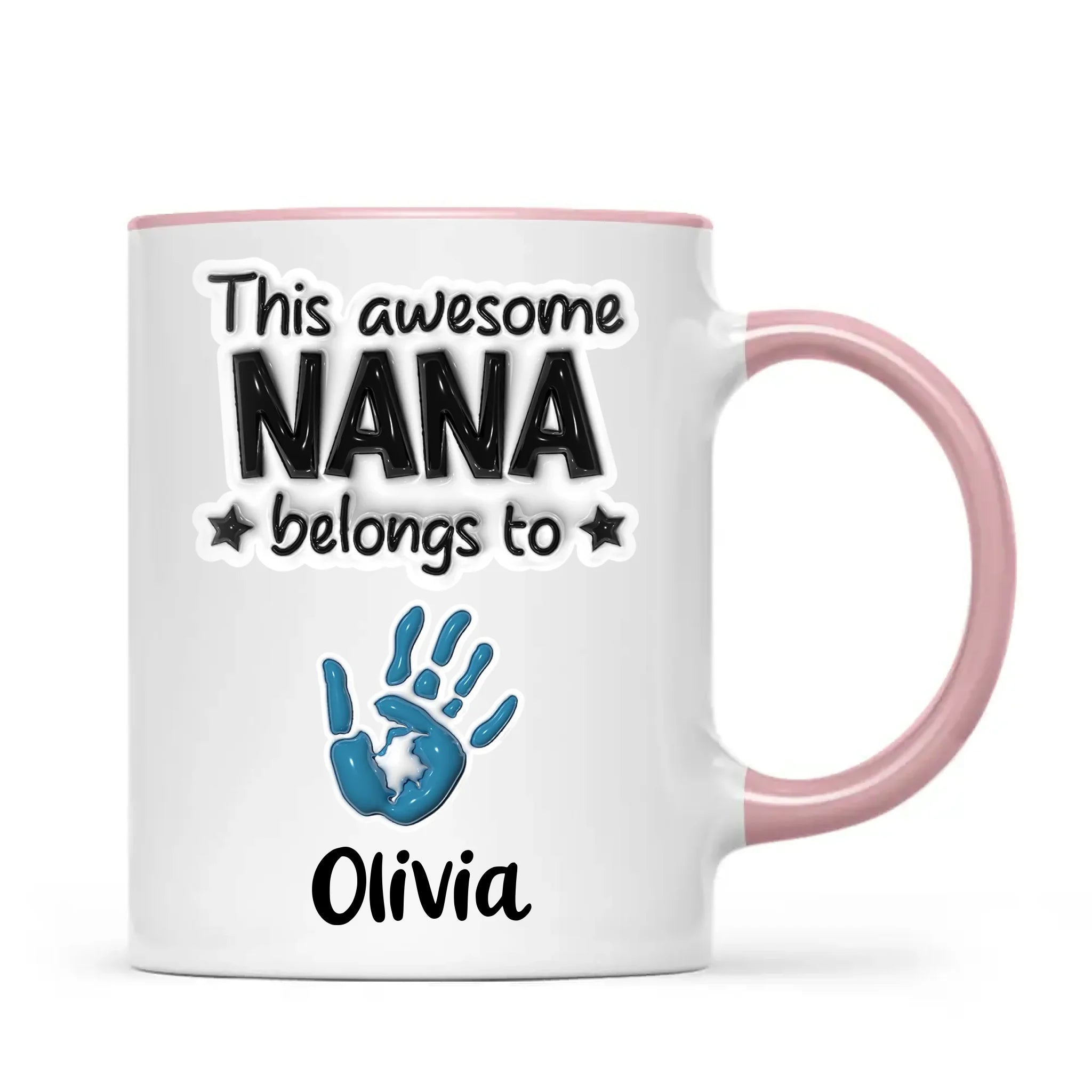 Personalised “This Awesome Nana Belongs To” Mug – 3D-Effect Handprints with Grandkids’ Names – Custom Mother’s Day Gift for Nana, Gran or Grandma