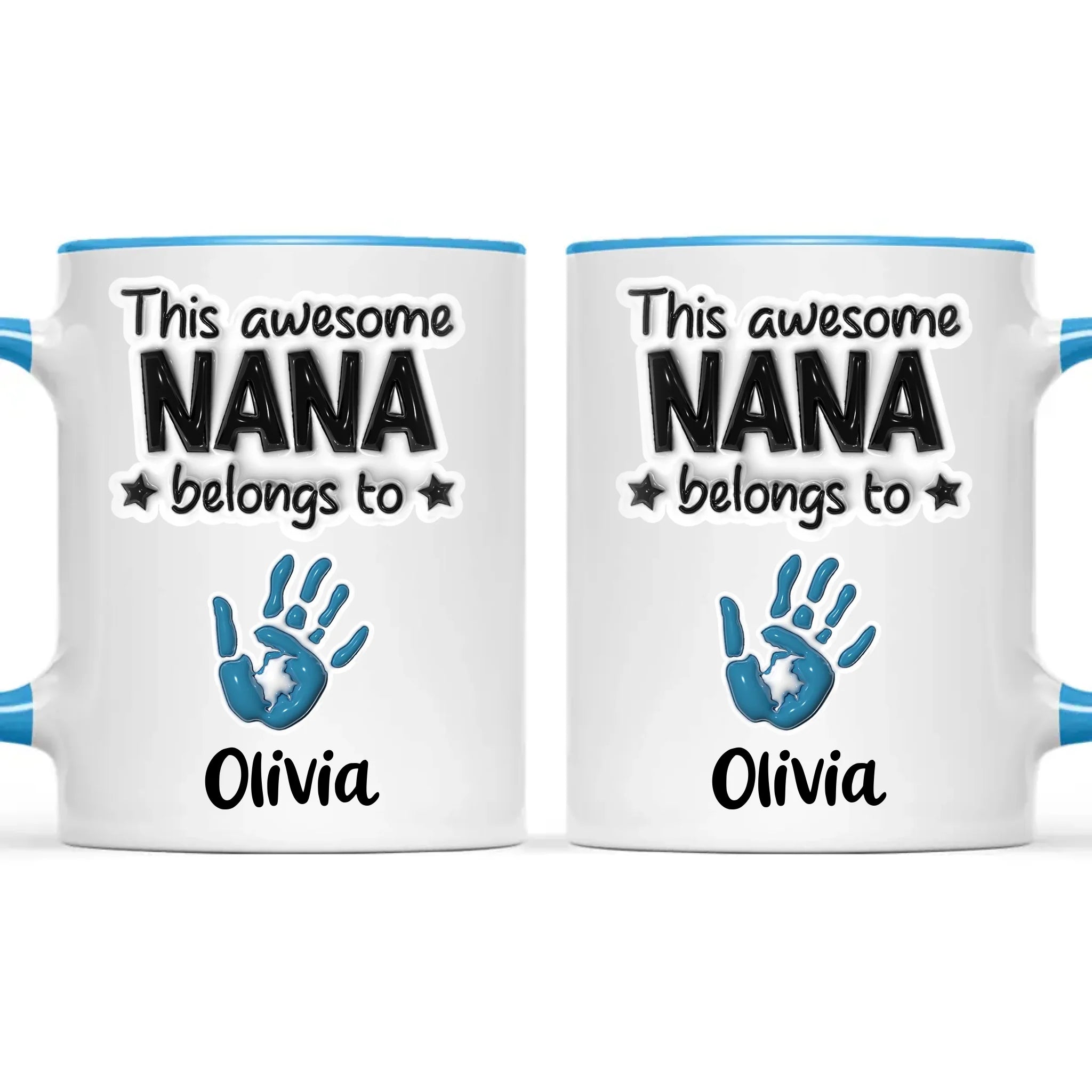 Personalised “This Awesome Nana Belongs To” Mug – 3D-Effect Handprints with Grandkids’ Names – Custom Mother’s Day Gift for Nana, Gran or Grandma