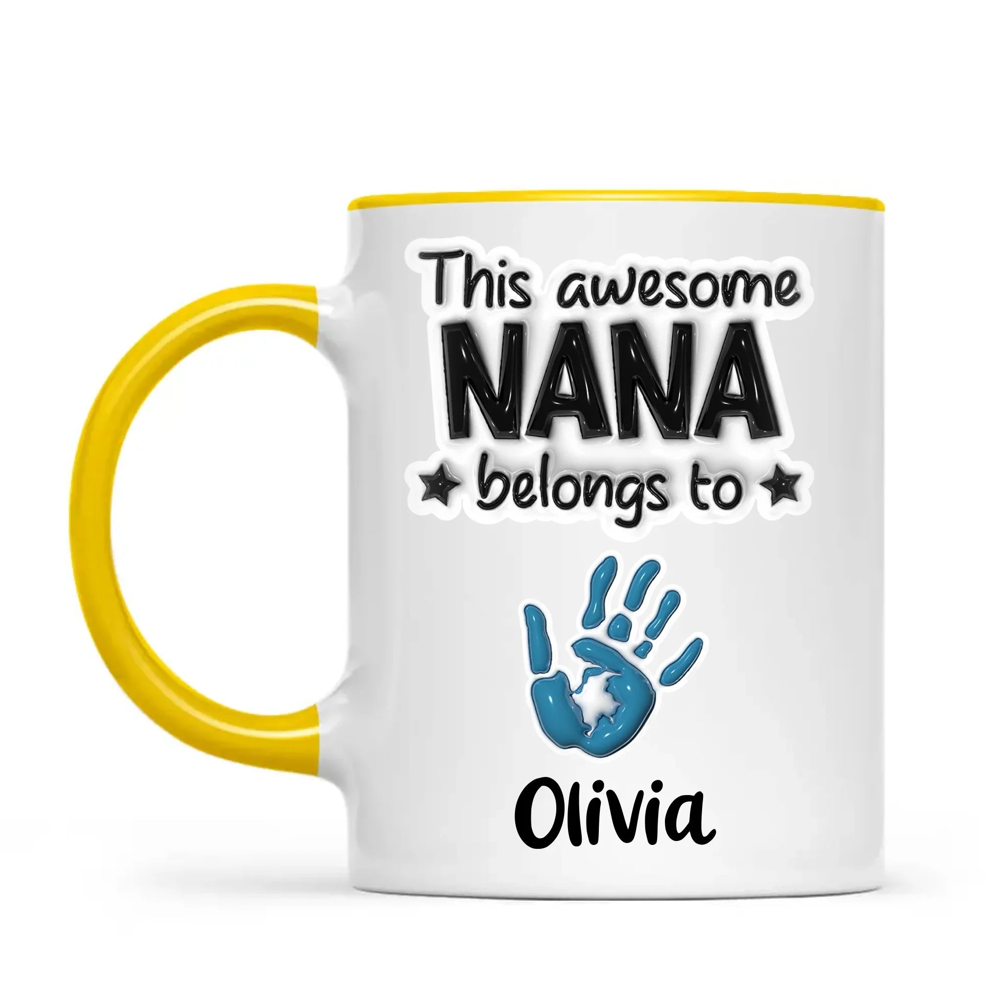 Personalised “This Awesome Nana Belongs To” Mug – 3D-Effect Handprints with Grandkids’ Names – Custom Mother’s Day Gift for Nana, Gran or Grandma