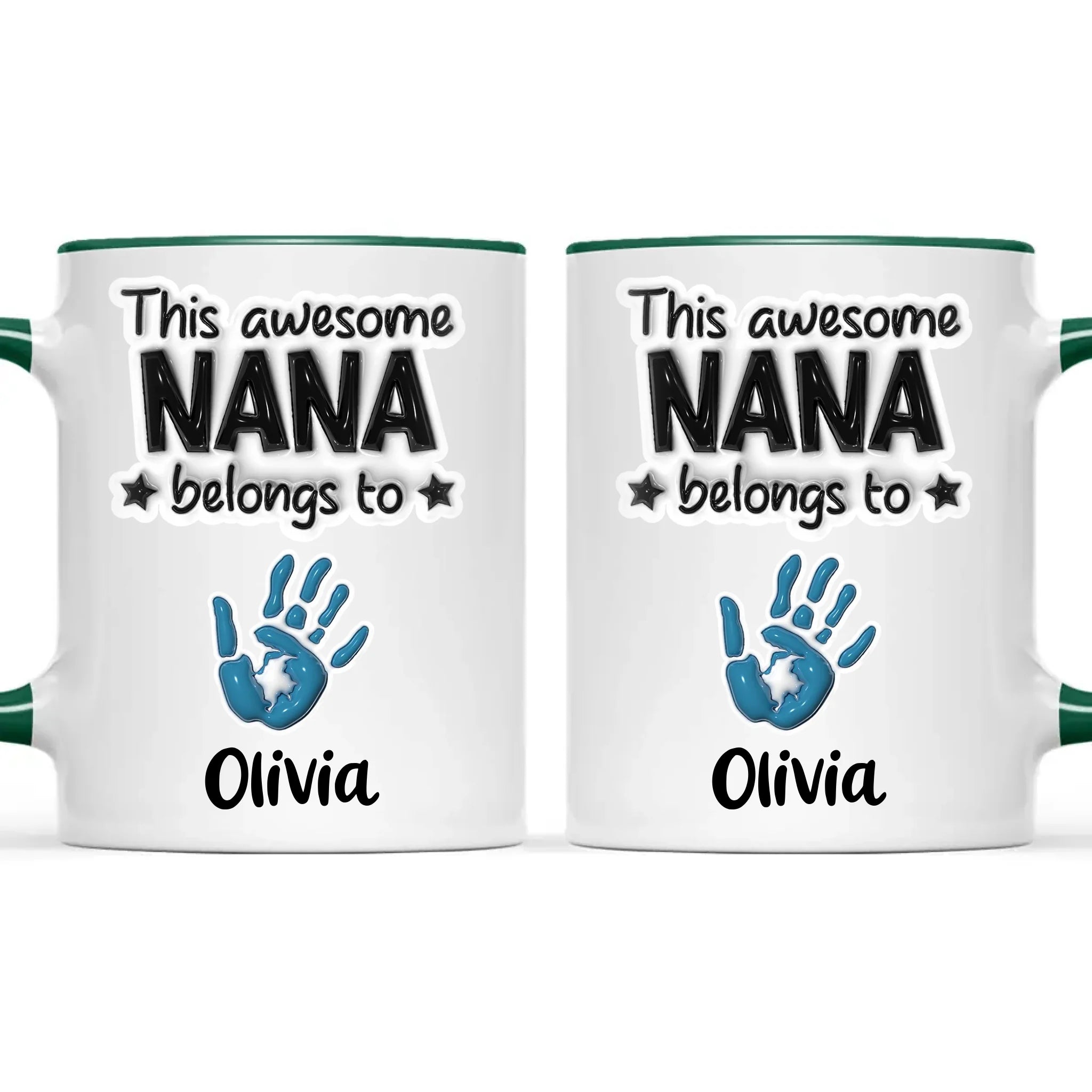 Personalised “This Awesome Nana Belongs To” Mug – 3D-Effect Handprints with Grandkids’ Names – Custom Mother’s Day Gift for Nana, Gran or Grandma