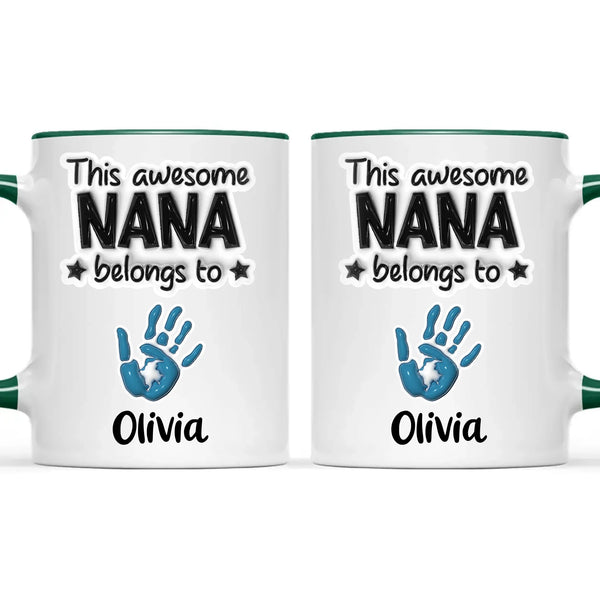 Personalised “This Awesome Nana Belongs To” Mug – 3D-Effect Handprints with Grandkids’ Names – Custom Mother’s Day Gift for Nana, Gran or Grandma