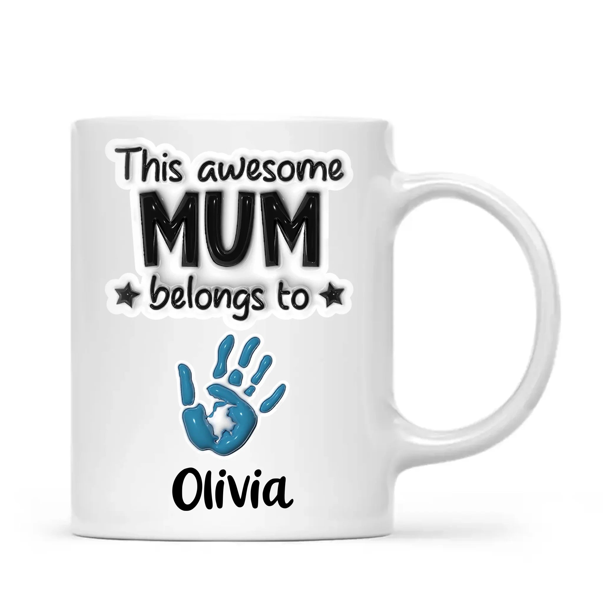 Personalised “This Awesome Mum Belongs To” Mug – Custom Handprints & Kids’ Names with 3D Glossy Print – Mother’s Day Gift for Mum or Mummy