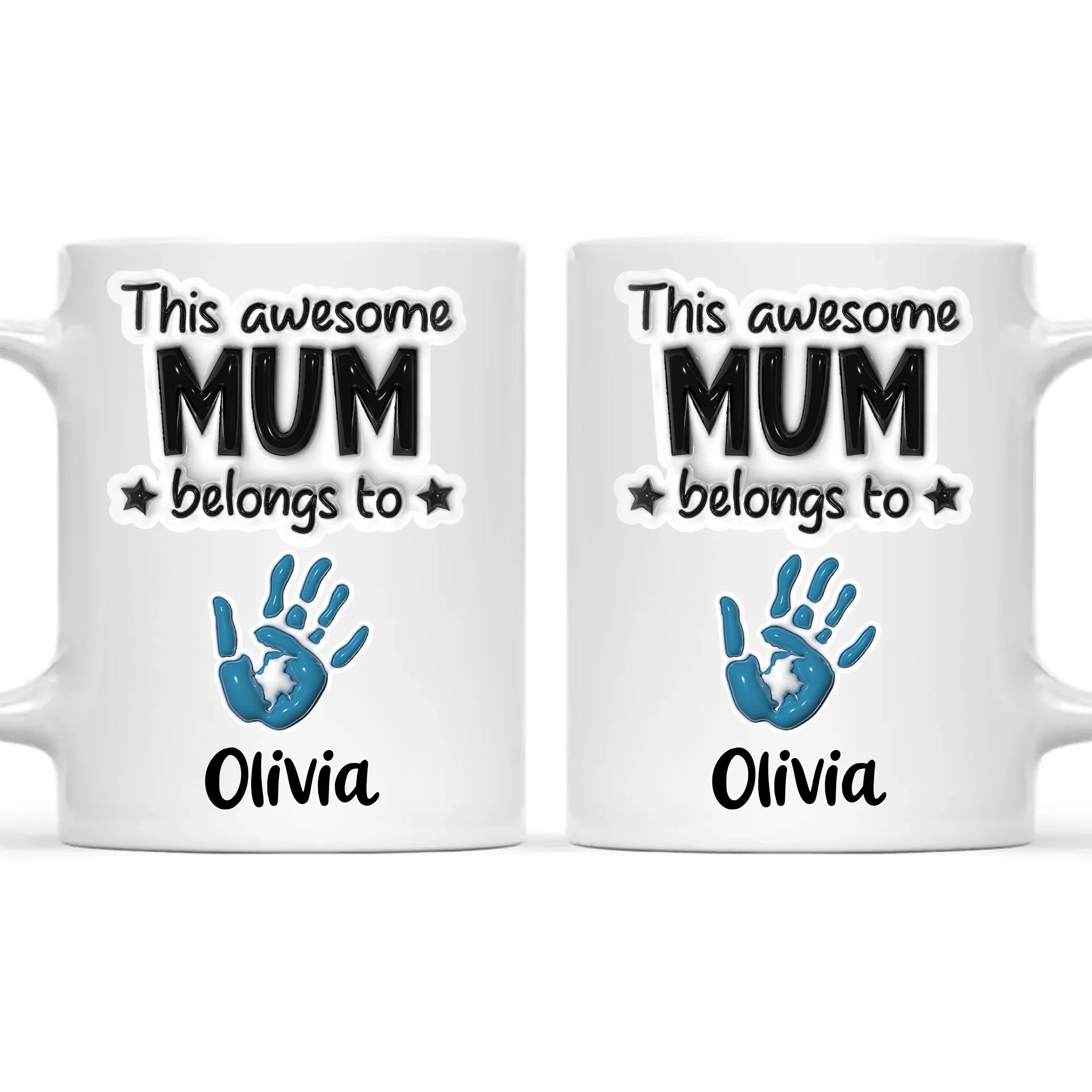Personalised “This Awesome Mum Belongs To” Mug – Custom Handprints & Kids’ Names with 3D Glossy Print – Mother’s Day Gift for Mum or Mummy