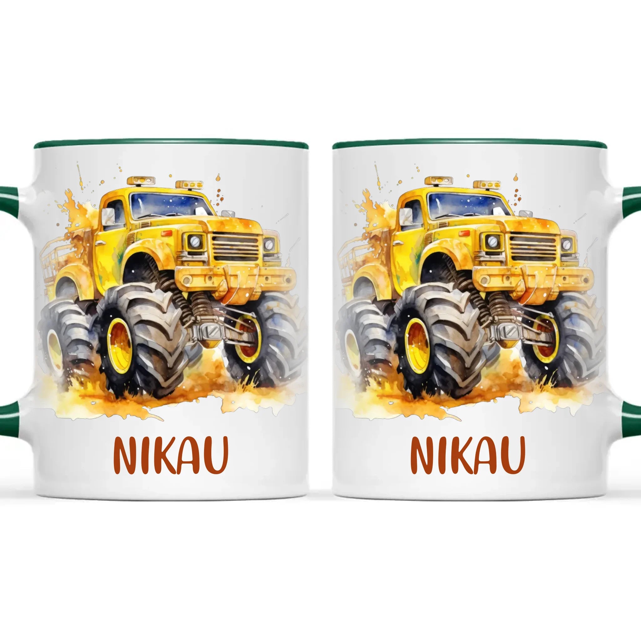 Personalised Yellow Monster Truck Cup - Custom Name Kids Mug - Big Wheel Adventure Design - 11oz, 6oz or Enamel - NZ Made
