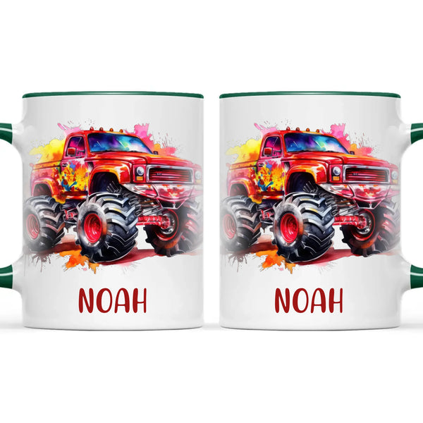 Personalised Red Monster Truck Cup - Custom Name Kids Mug - Off-Road Adventure - 11oz, 6oz or Enamel - NZ Made