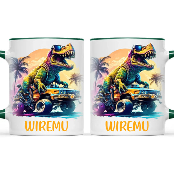 Personalised with Name, Cool Dinosaur Beach Cruiser Kids Mug – Customised T-Rex Car Adventure Cup for Children – Available in 11oz, 6oz & Enamel Options
