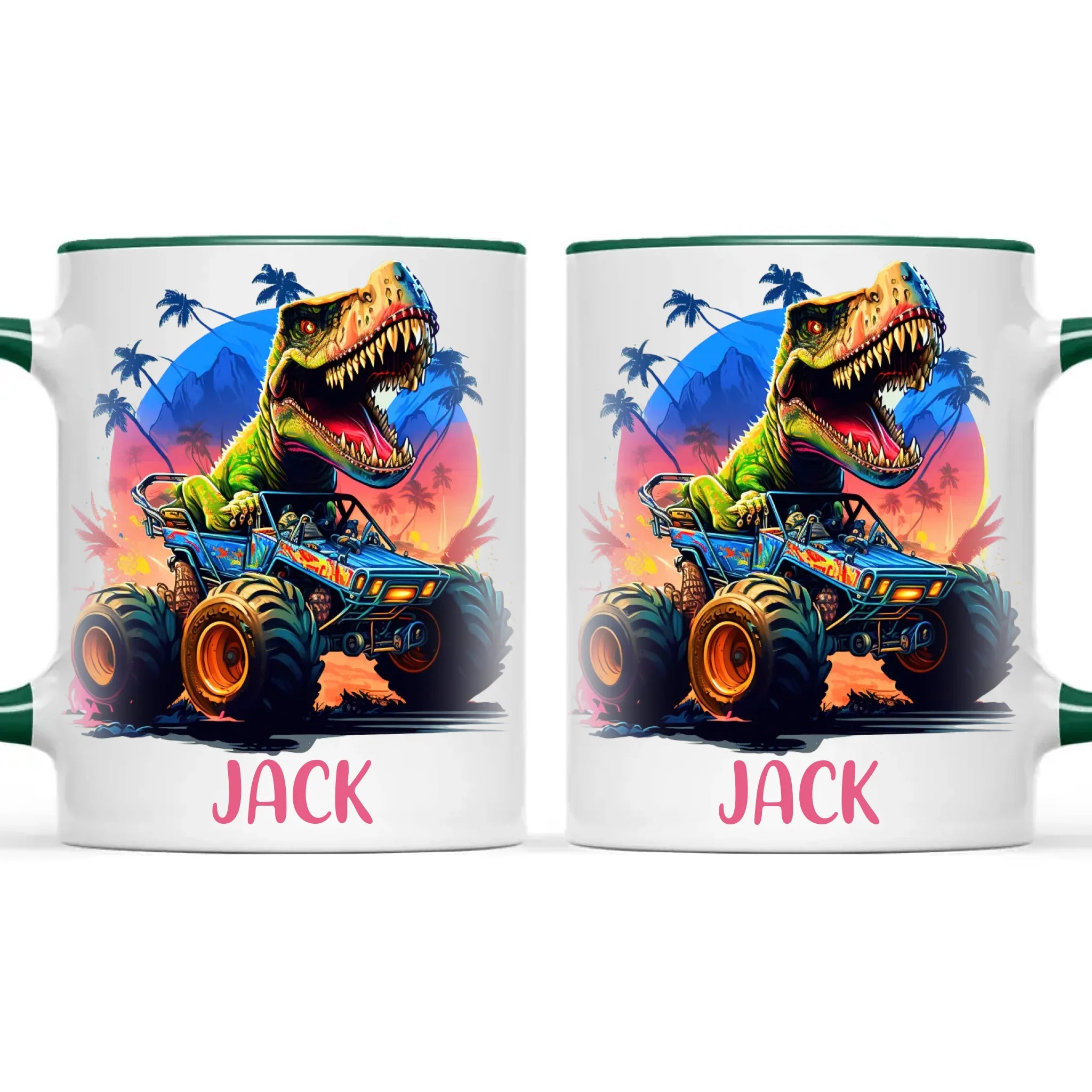 Personalised with Name, Dinosaur Monster Truck Kids Mug – Customised Dino Off-Road Cup for Children – Available in 11oz, 6oz & Enamel Options