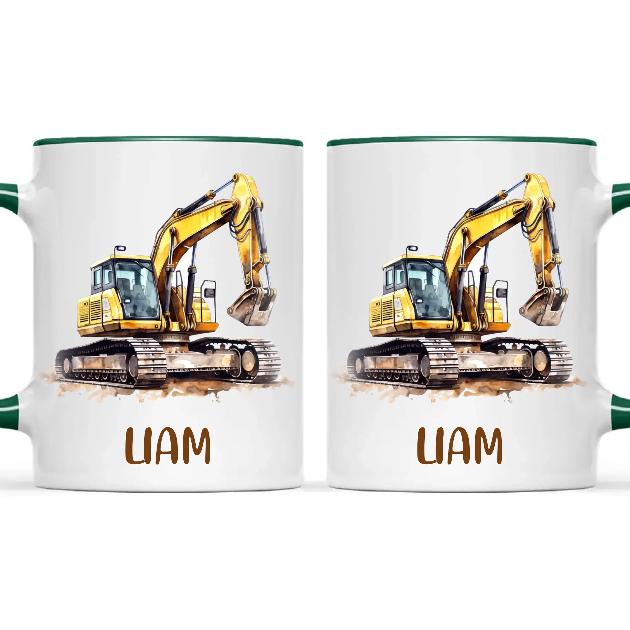 Personalised with Name, Digger Excavator Kids Mug – Customised Construction Vehicle Cup for Children – Available in 11oz, 6oz & Enamel Options