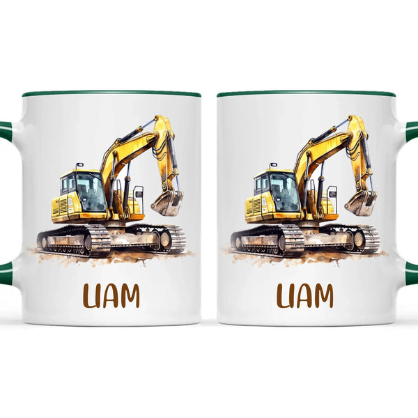Personalised with Name, Digger Excavator Kids Mug – Customised Construction Vehicle Cup for Children – Available in 11oz, 6oz & Enamel Options