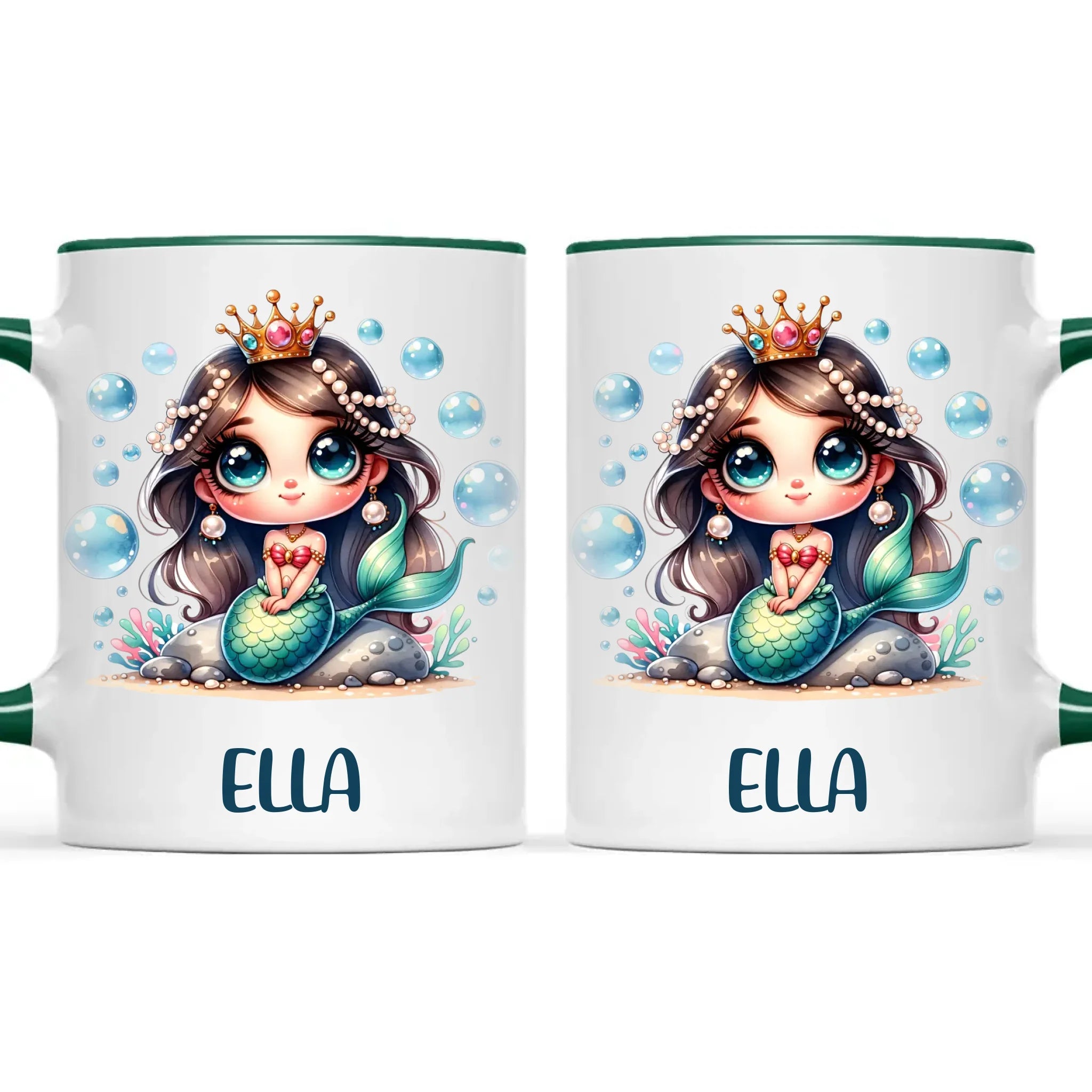 Personalised with Name, Dark-Haired Mermaid Princess Kids Mug – Custom Under-the-Sea Cup for Children – Available in 11oz, 6oz & Enamel
