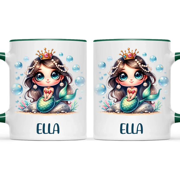 Personalised with Name, Dark-Haired Mermaid Princess Kids Mug – Custom Under-the-Sea Cup for Children – Available in 11oz, 6oz & Enamel