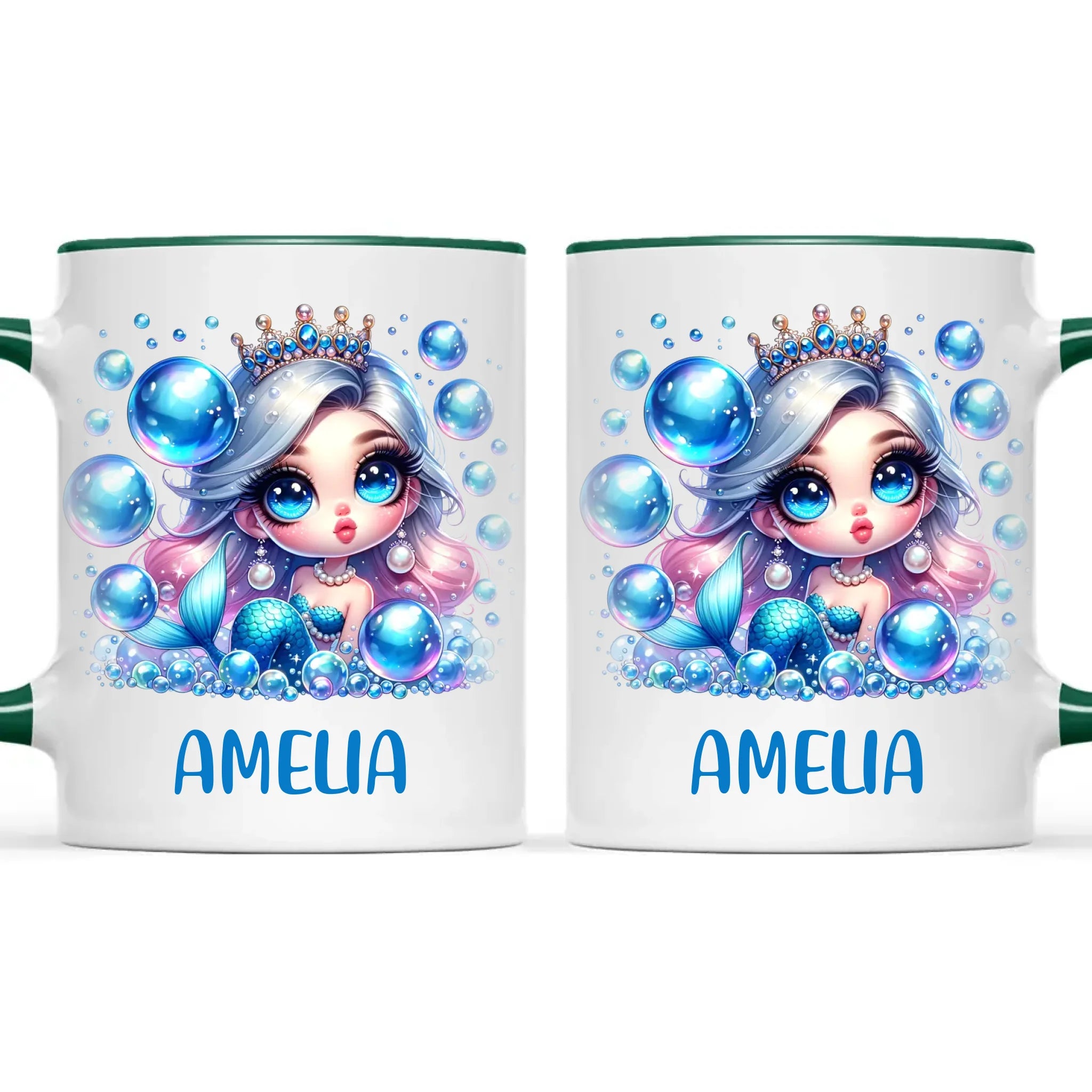 Personalised with Name, Blue Mermaid Princess Kids Mug – Custom Under the Sea Cup for Children – Available in 11oz, 6oz & Enamel