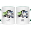 Personalised with Name, Green Dump Truck Kids Mug – Custom Construction Vehicle Cup for Children – Available in 11oz, 6oz & Enamel