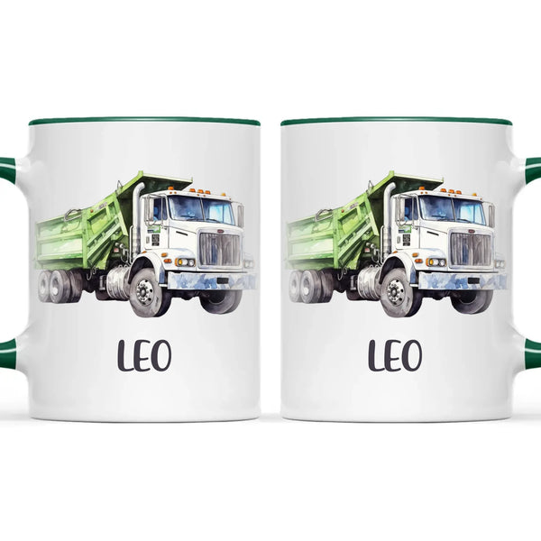 Personalised with Name, Green Dump Truck Kids Mug – Custom Construction Vehicle Cup for Children – Available in 11oz, 6oz & Enamel