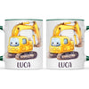 Personalised with Name, Cute Digger Kids Mug – Custom Construction Vehicle Cup for Children – Available in 11oz, 6oz & Enamel Options
