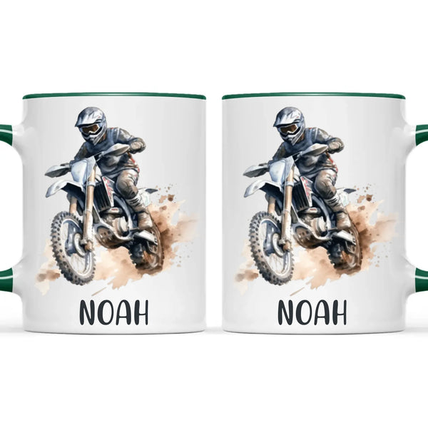 Personalised with Name, Motocross Rider Kids Mug – Customised Dirt Bike Racing Cup for Children – Available in 11oz, 6oz & Enamel Options