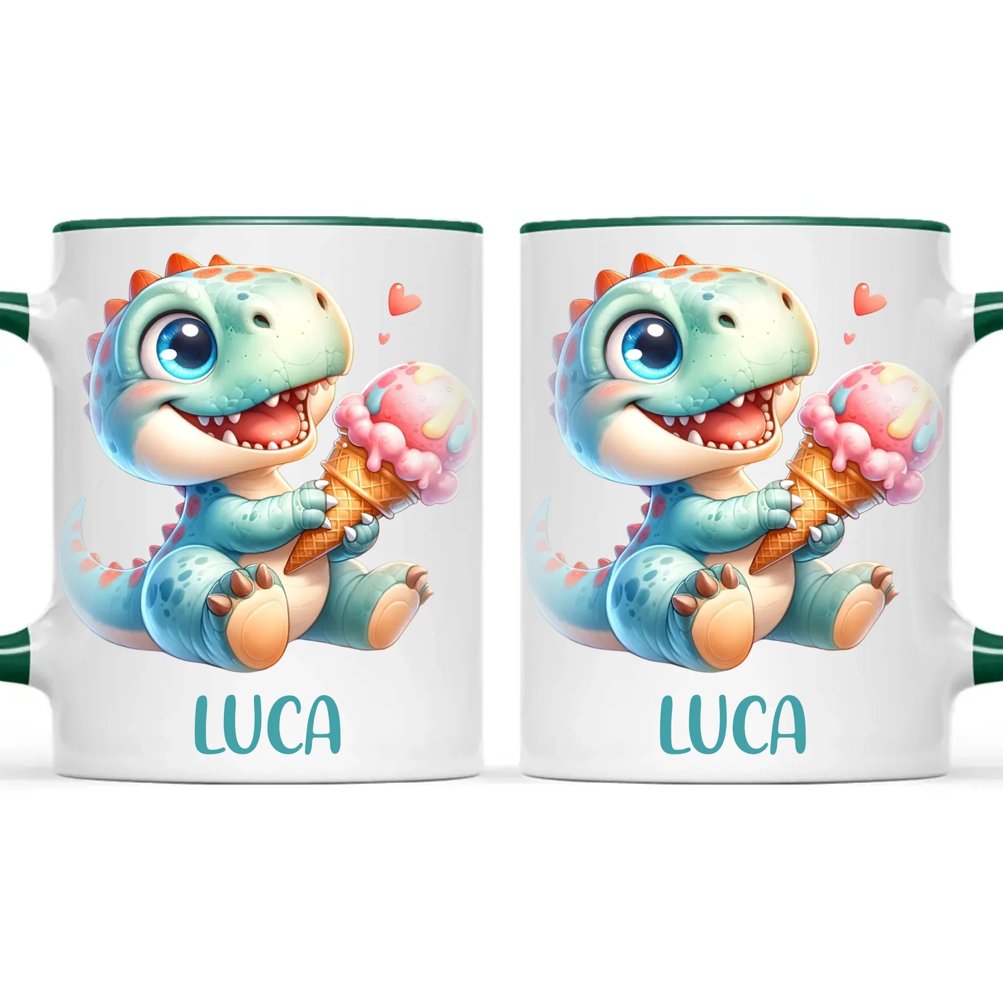 Personalised with Name, Dinosaur Ice Cream Kids Mug – Customised Cute Dino Cup for Children – Available in 11oz, 6oz & Enamel Options