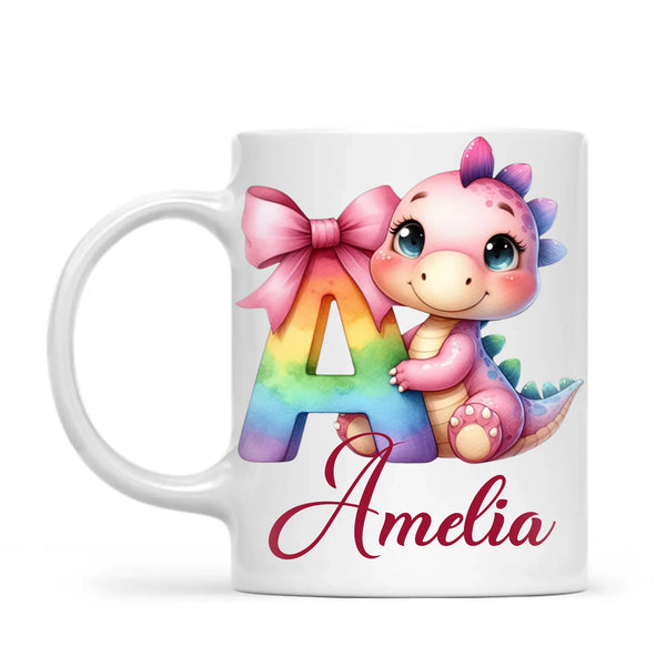Personalised Pink Dino Alphabet Kids Mug – Custom Name Cup with Cute Dinosaur & Letter Design | 11oz, 6oz & Enamel Options