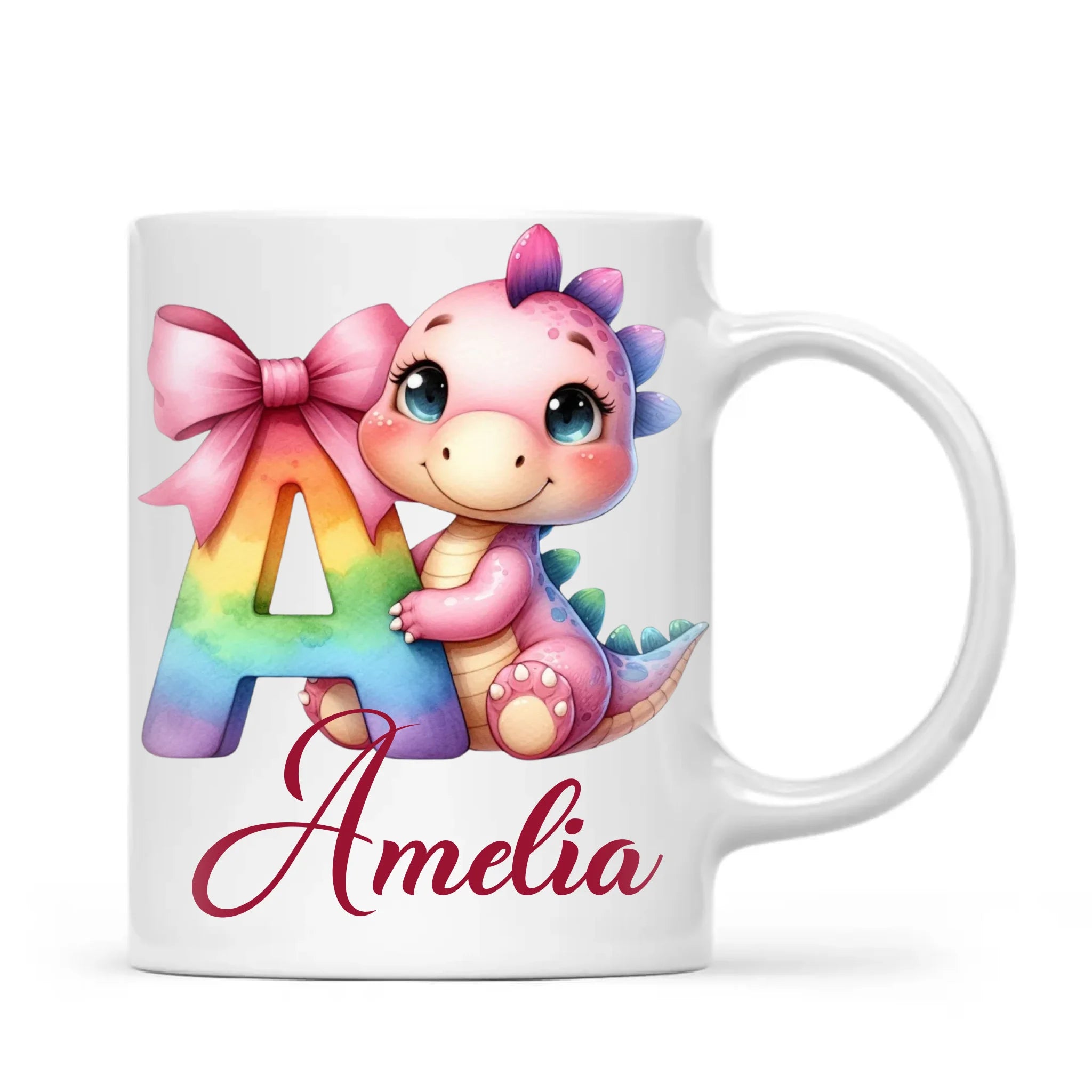 Personalised Pink Dino Alphabet Kids Mug – Custom Name Cup with Cute Dinosaur & Letter Design | 11oz, 6oz & Enamel Options