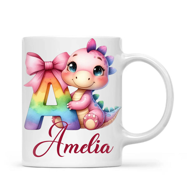 Personalised Pink Dino Alphabet Kids Mug – Custom Name Cup with Cute Dinosaur & Letter Design | 11oz, 6oz & Enamel Options