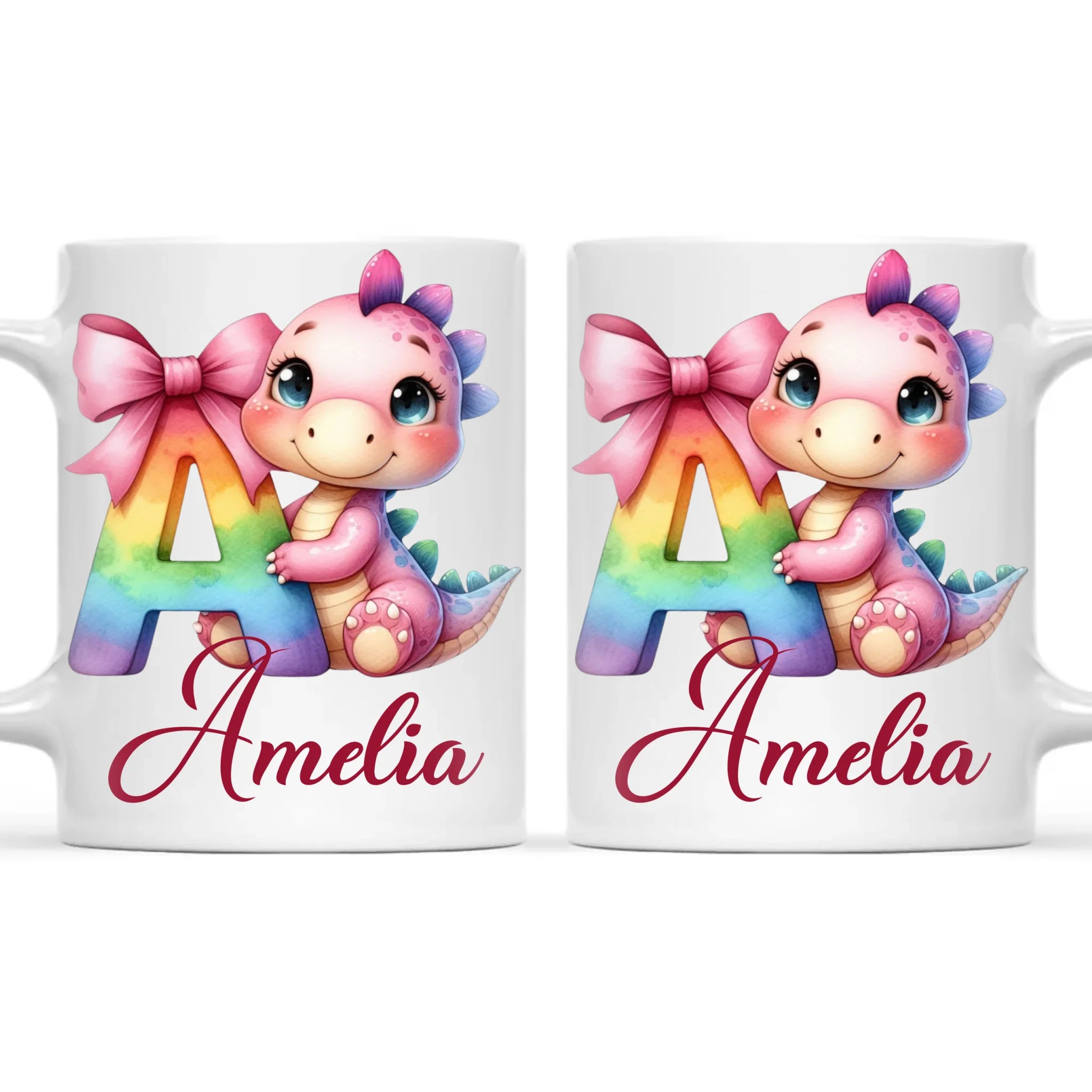 Personalised Pink Dino Alphabet Kids Mug – Custom Name Cup with Cute Dinosaur & Letter Design | 11oz, 6oz & Enamel Options