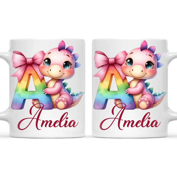 Personalised Pink Dino Alphabet Kids Mug – Custom Name Cup with Cute Dinosaur & Letter Design | 11oz, 6oz & Enamel Options