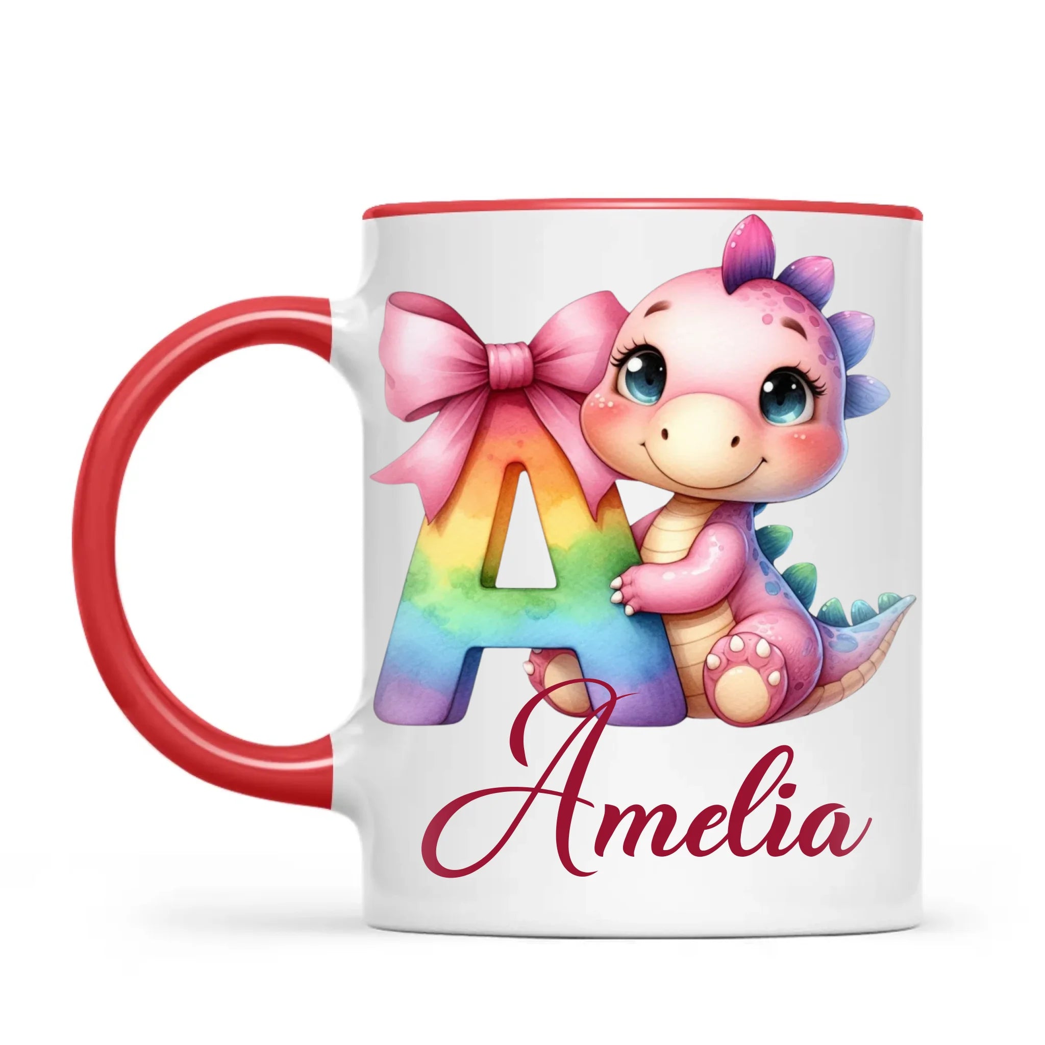Personalised Pink Dino Alphabet Kids Mug – Custom Name Cup with Cute Dinosaur & Letter Design | 11oz, 6oz & Enamel Options