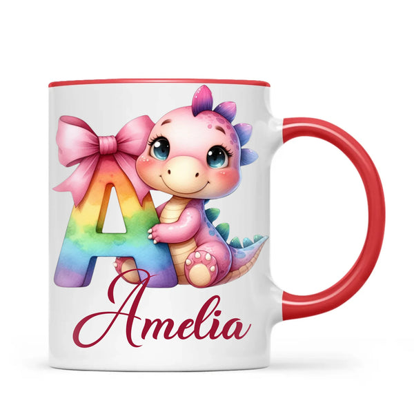 Personalised Pink Dino Alphabet Kids Mug – Custom Name Cup with Cute Dinosaur & Letter Design | 11oz, 6oz & Enamel Options
