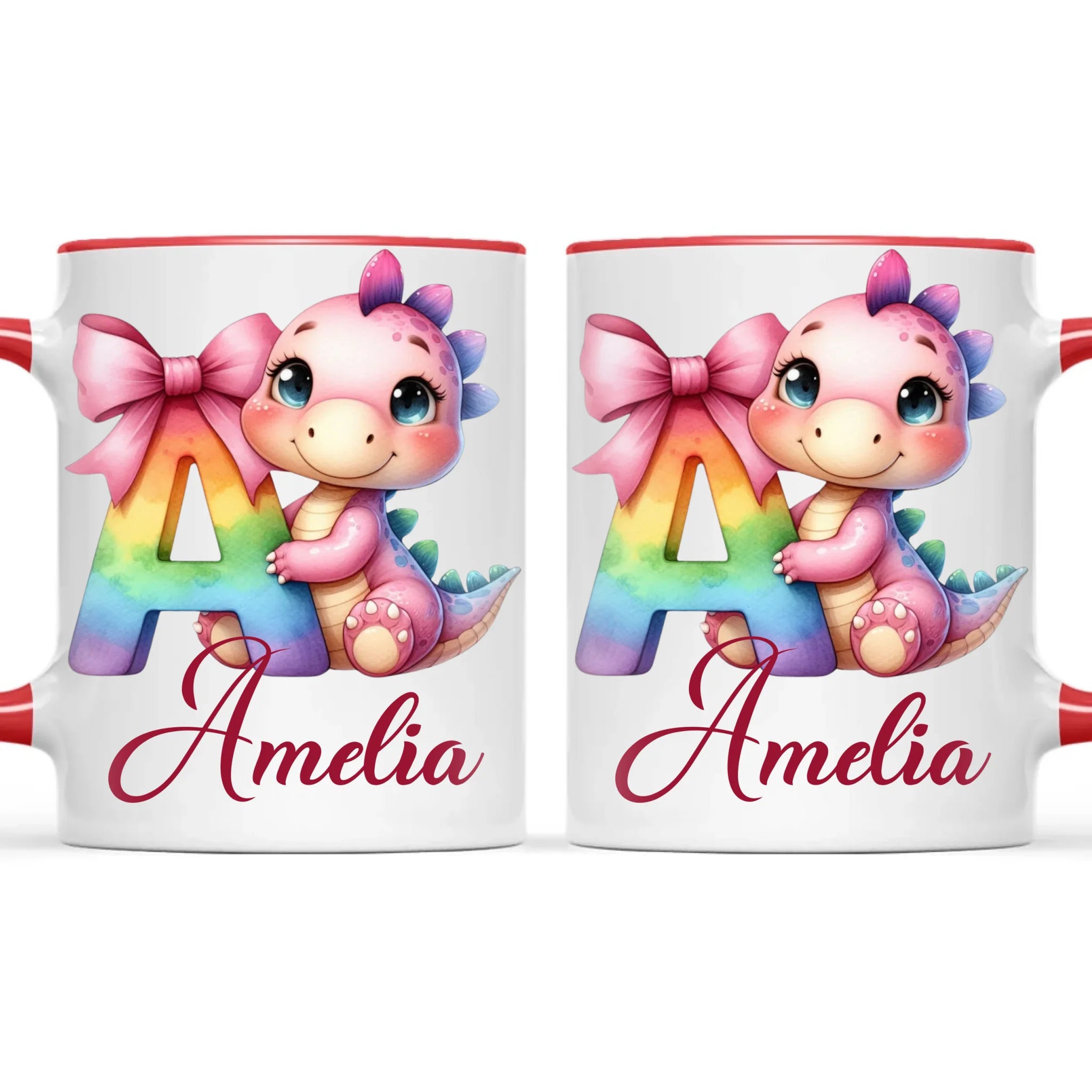 Personalised Pink Dino Alphabet Kids Mug – Custom Name Cup with Cute Dinosaur & Letter Design | 11oz, 6oz & Enamel Options