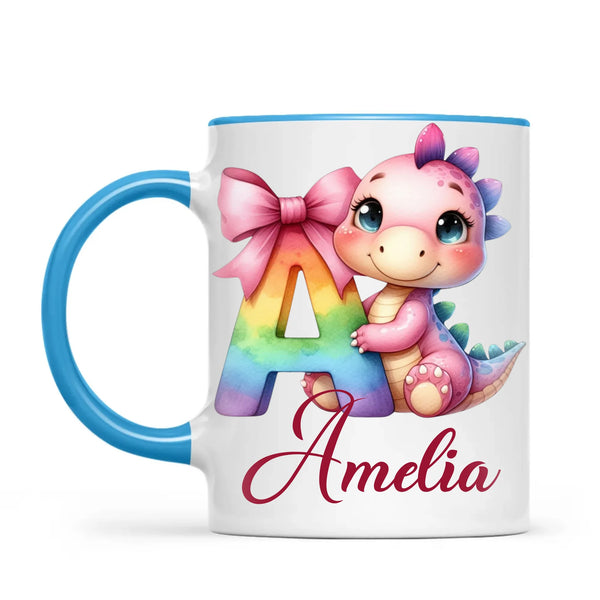 Personalised Pink Dino Alphabet Kids Mug – Custom Name Cup with Cute Dinosaur & Letter Design | 11oz, 6oz & Enamel Options