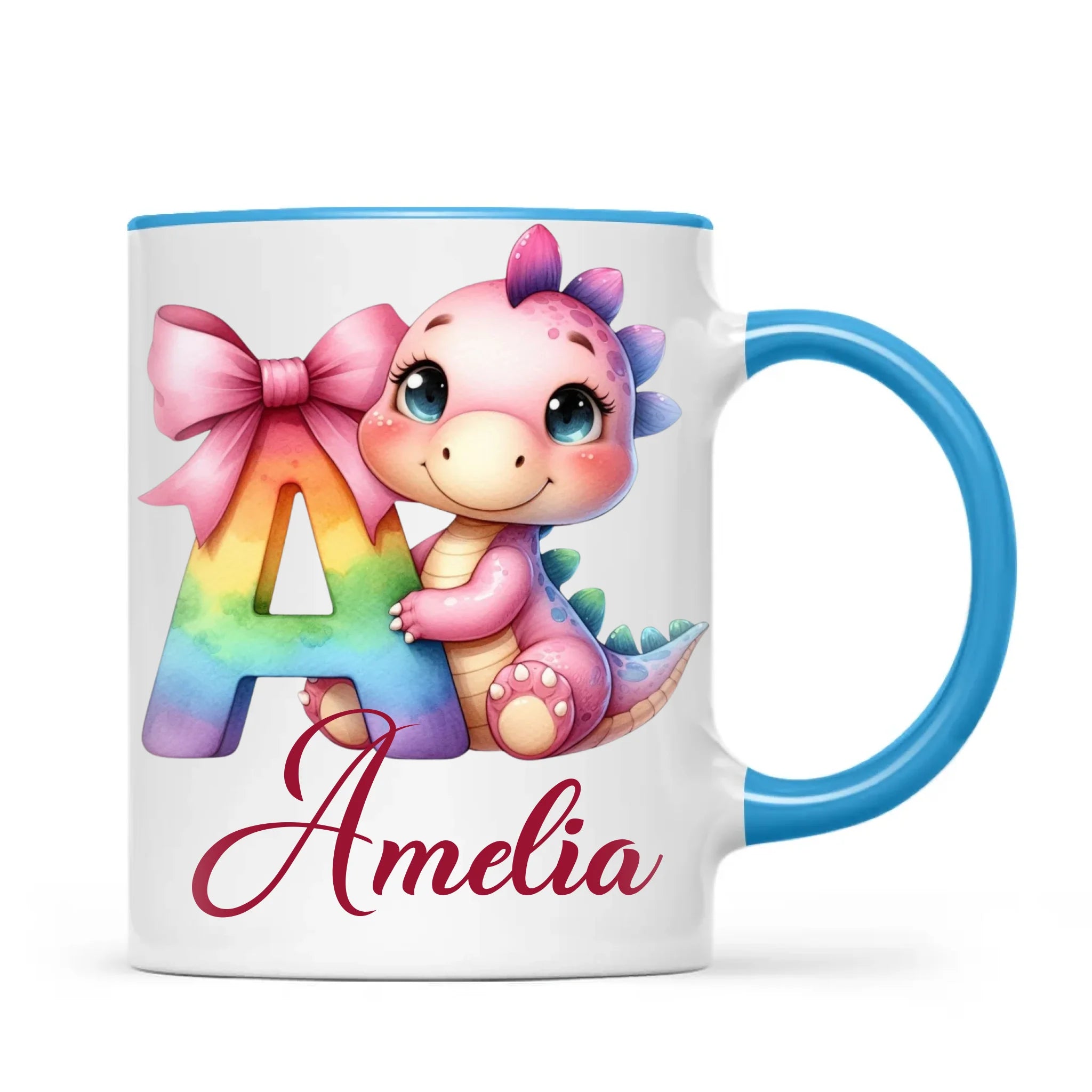 Personalised Pink Dino Alphabet Kids Mug – Custom Name Cup with Cute Dinosaur & Letter Design | 11oz, 6oz & Enamel Options
