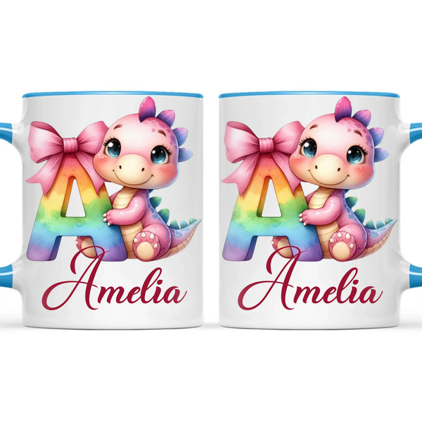 Personalised Pink Dino Alphabet Kids Mug – Custom Name Cup with Cute Dinosaur & Letter Design | 11oz, 6oz & Enamel Options