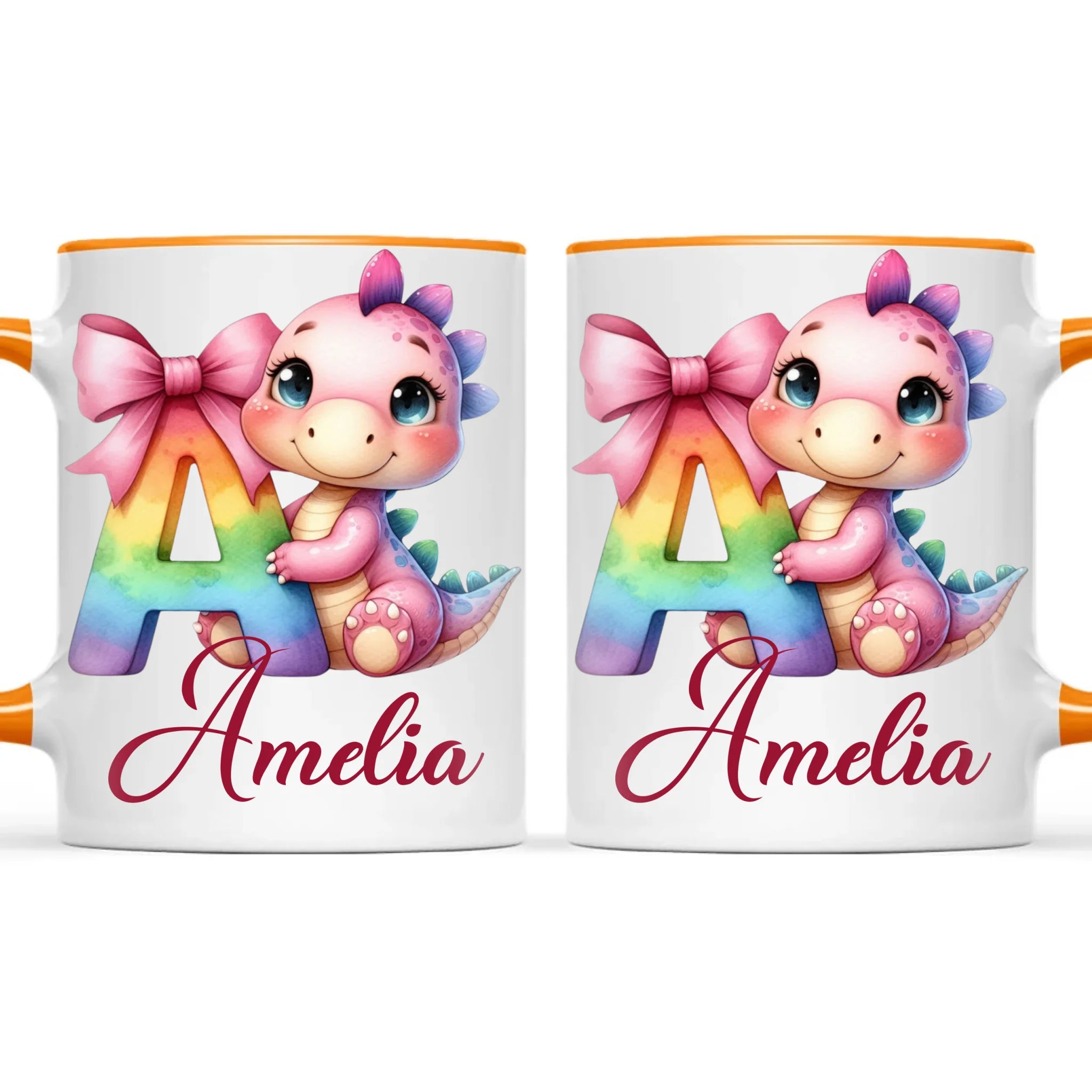 Personalised Pink Dino Alphabet Kids Mug – Custom Name Cup with Cute Dinosaur & Letter Design | 11oz, 6oz & Enamel Options