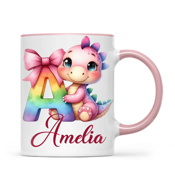 Personalised Pink Dino Alphabet Kids Mug – Custom Name Cup with Cute Dinosaur & Letter Design | 11oz, 6oz & Enamel Options