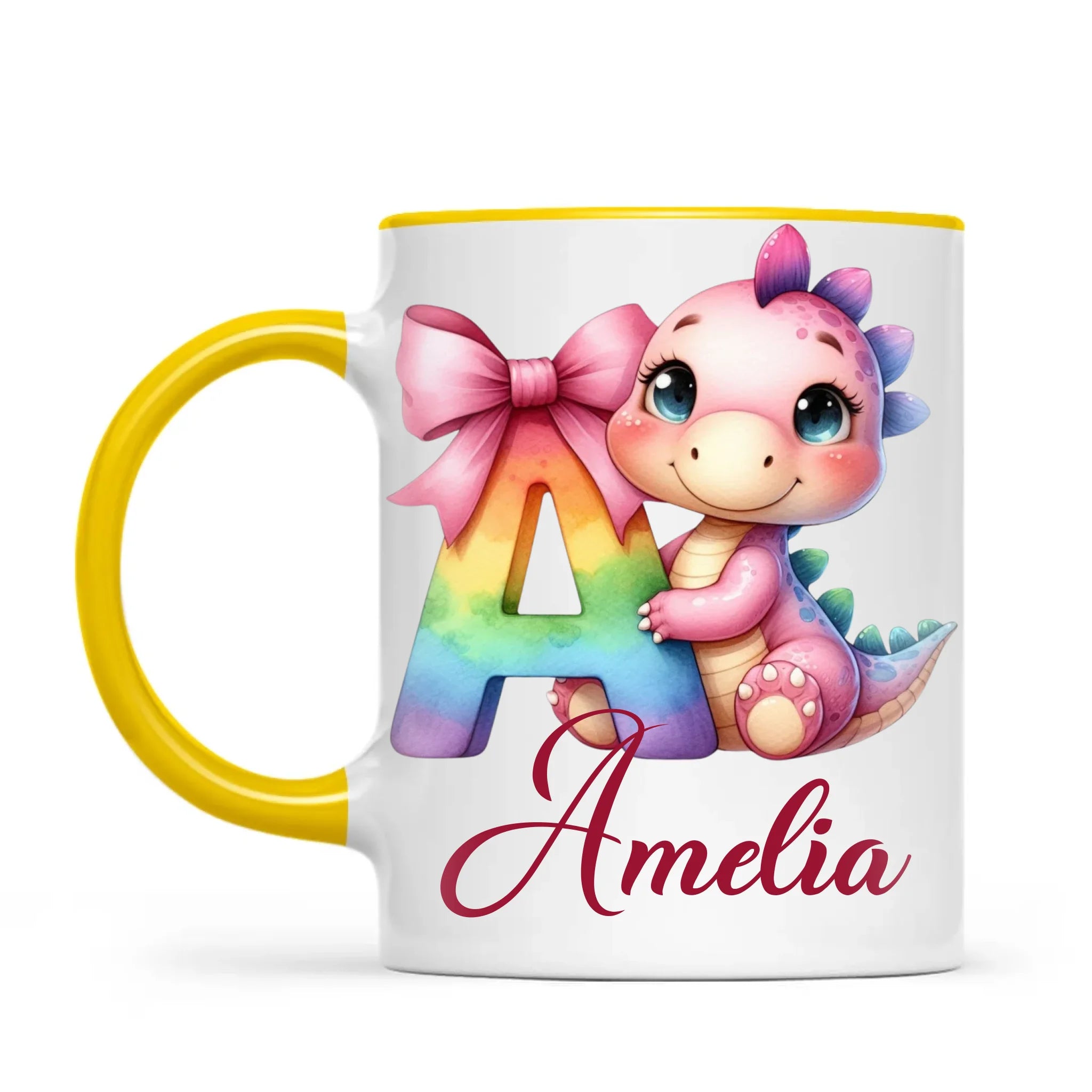 Personalised Pink Dino Alphabet Kids Mug – Custom Name Cup with Cute Dinosaur & Letter Design | 11oz, 6oz & Enamel Options