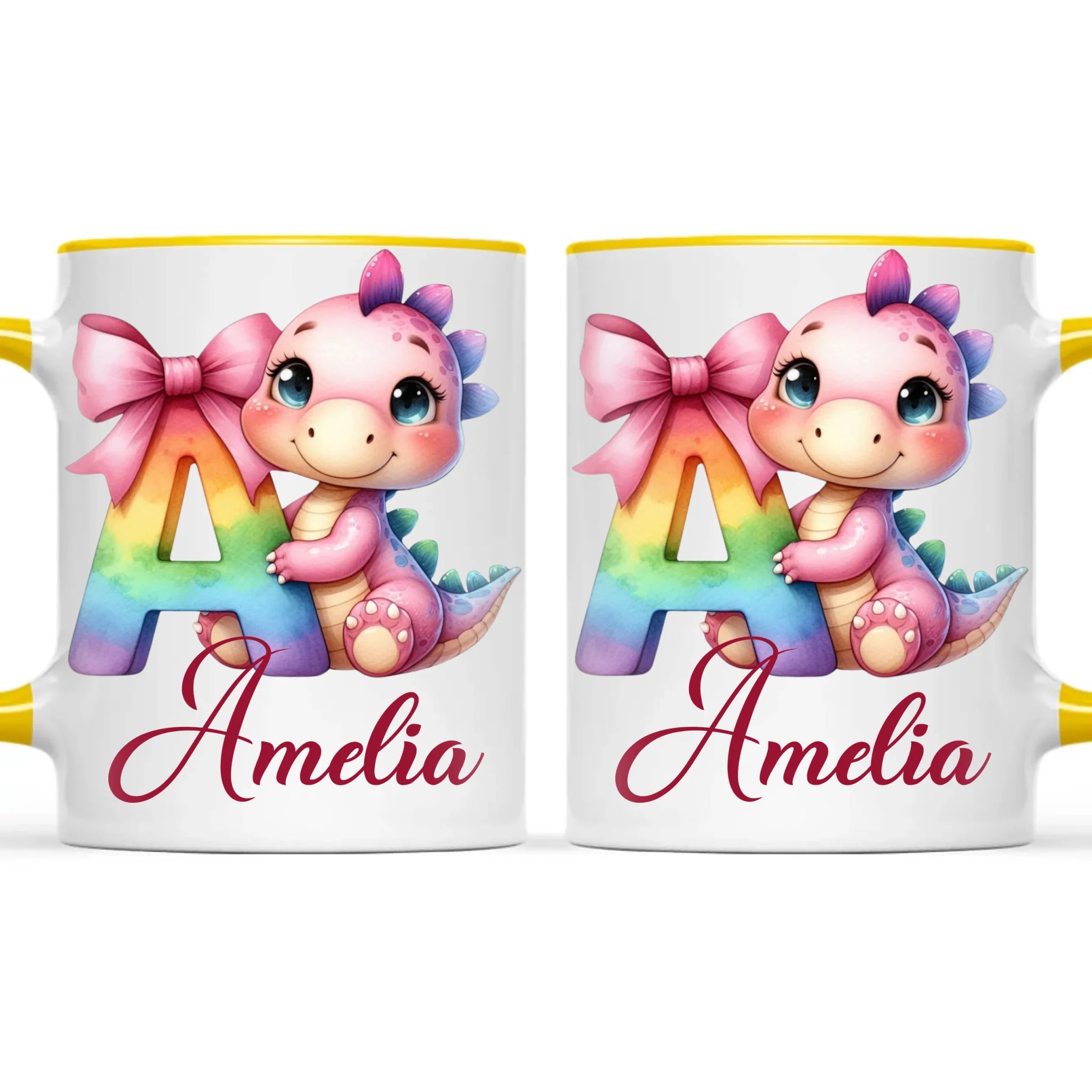 Personalised Pink Dino Alphabet Kids Mug – Custom Name Cup with Cute Dinosaur & Letter Design | 11oz, 6oz & Enamel Options