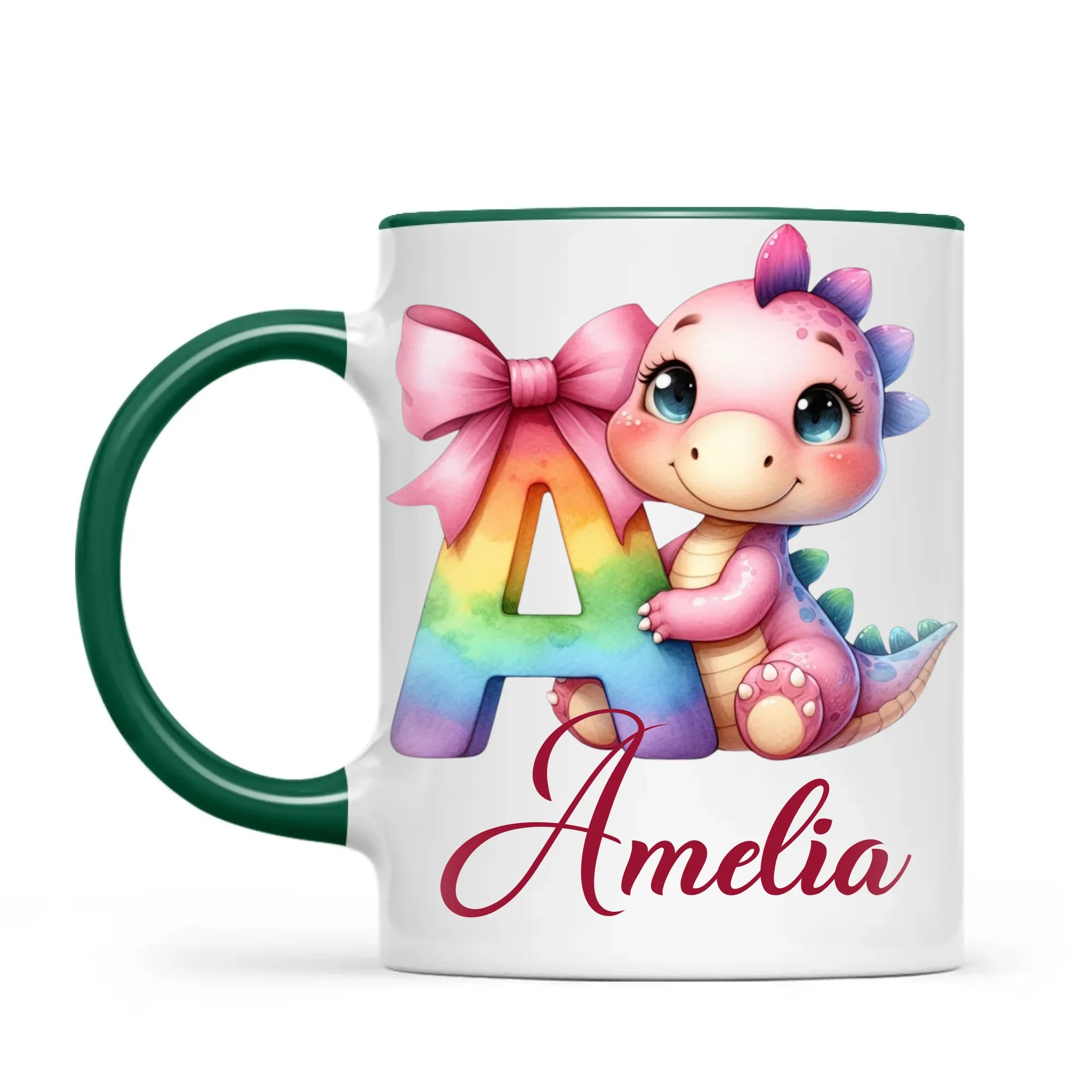 Personalised Pink Dino Alphabet Kids Mug – Custom Name Cup with Cute Dinosaur & Letter Design | 11oz, 6oz & Enamel Options