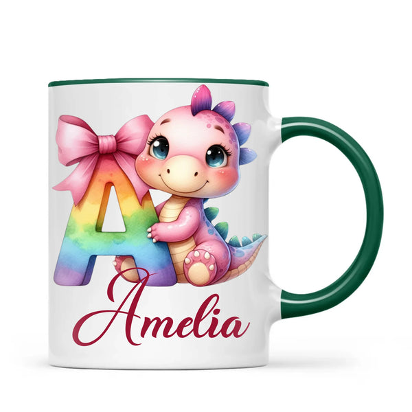 Personalised Pink Dino Alphabet Kids Mug – Custom Name Cup with Cute Dinosaur & Letter Design | 11oz, 6oz & Enamel Options