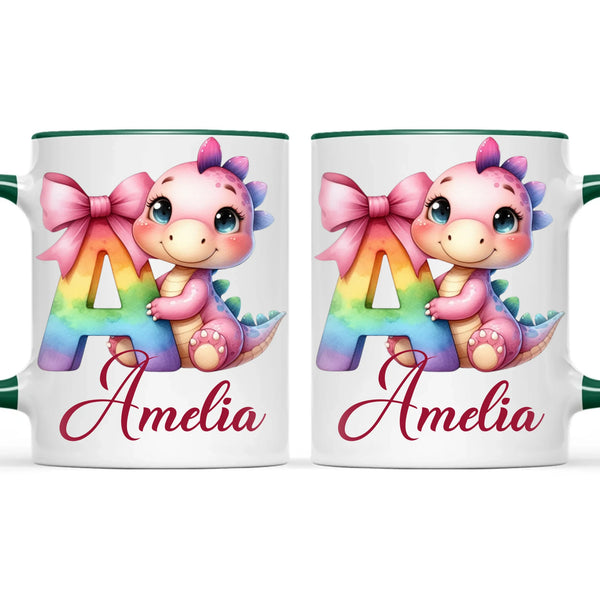 Personalised Pink Dino Alphabet Kids Mug – Custom Name Cup with Cute Dinosaur & Letter Design | 11oz, 6oz & Enamel Options