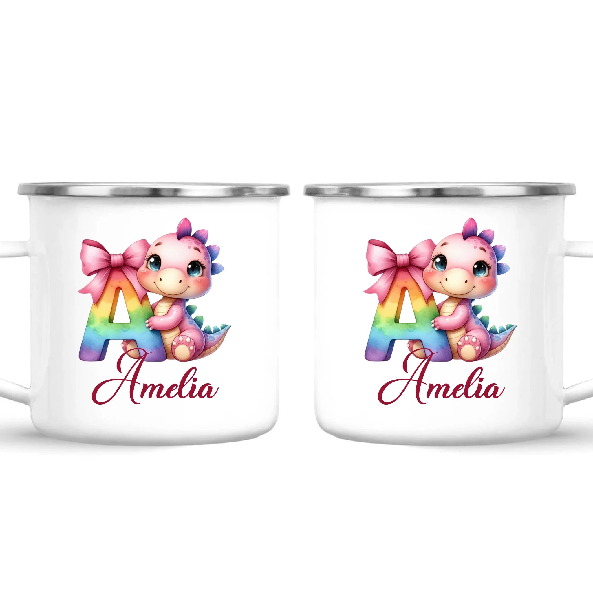 Personalised Pink Dino Alphabet Kids Mug – Custom Name Cup with Cute Dinosaur & Letter Design | 11oz, 6oz & Enamel Options