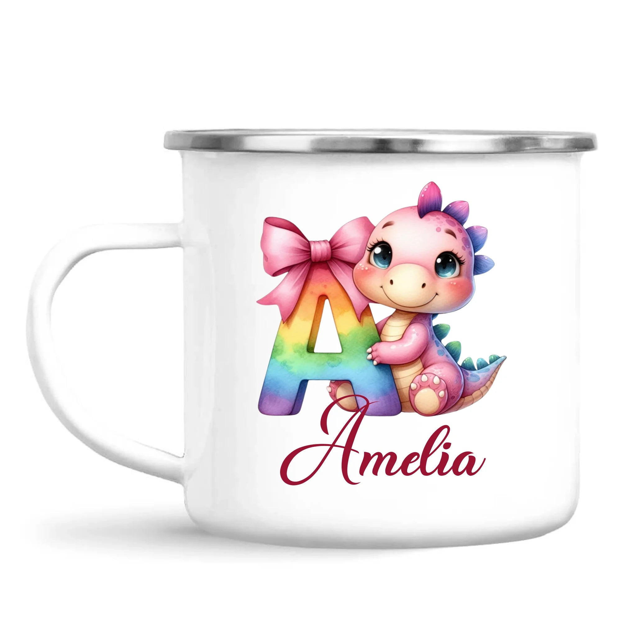 Personalised Pink Dino Alphabet Kids Mug – Custom Name Cup with Cute Dinosaur & Letter Design | 11oz, 6oz & Enamel Options