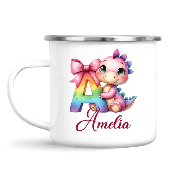 Personalised Pink Dino Alphabet Kids Mug – Custom Name Cup with Cute Dinosaur & Letter Design | 11oz, 6oz & Enamel Options