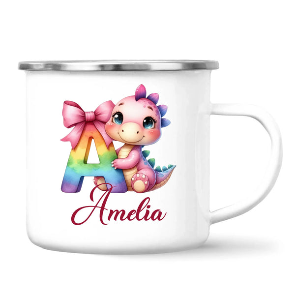 Personalised Pink Dino Alphabet Kids Mug – Custom Name Cup with Cute Dinosaur & Letter Design | 11oz, 6oz & Enamel Options