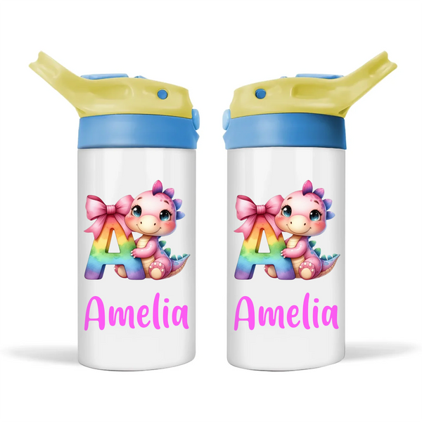 Personalised Pink Dino Alphabet Kids Sippy Bottle – Custom Double-Walled Stainless Steel Drink Bottle with Flip Top Lid